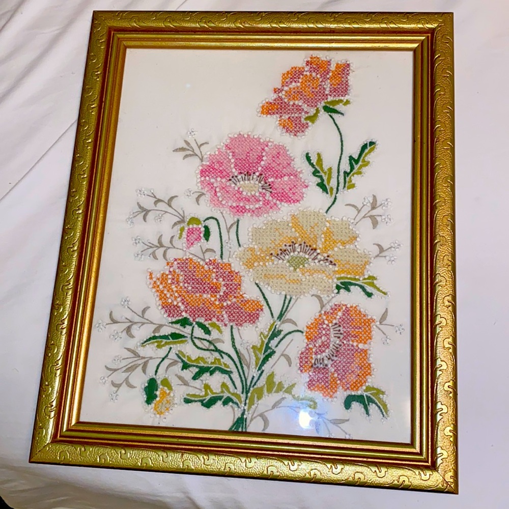 Vintage floral framed cross stitch embroidery